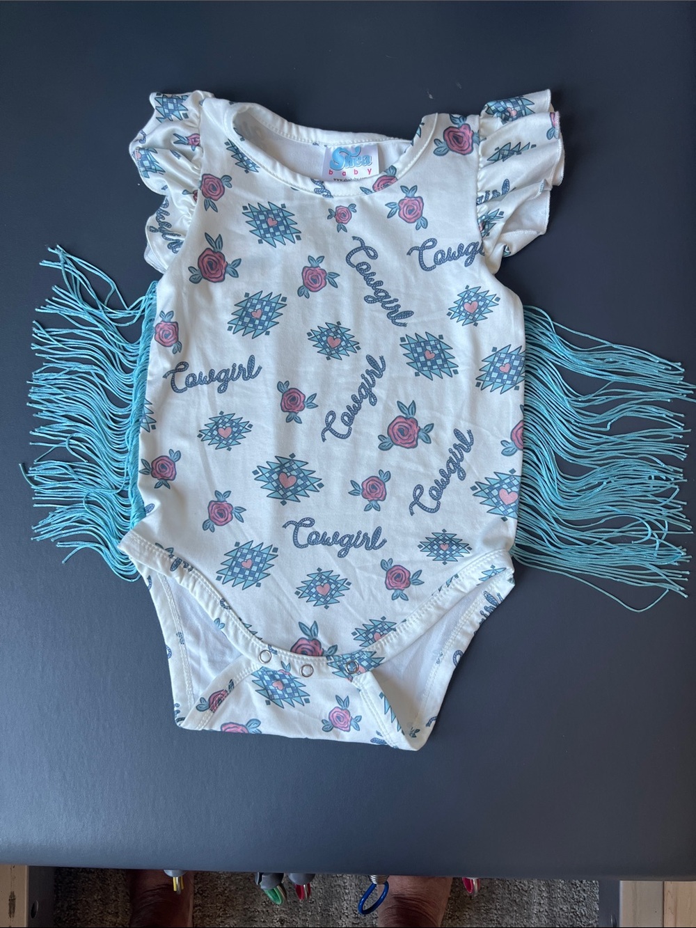 Childrens 'Cowgirl' Off White & Blue Fringe One-Piece Onesie